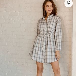 Lulu's White Plaid Drawstring Button-Up Shirt Dress